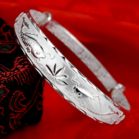 Lotus Fish Pattern Open Bangle Bracelet For Women Adjustable Cuff Wide Text 1771