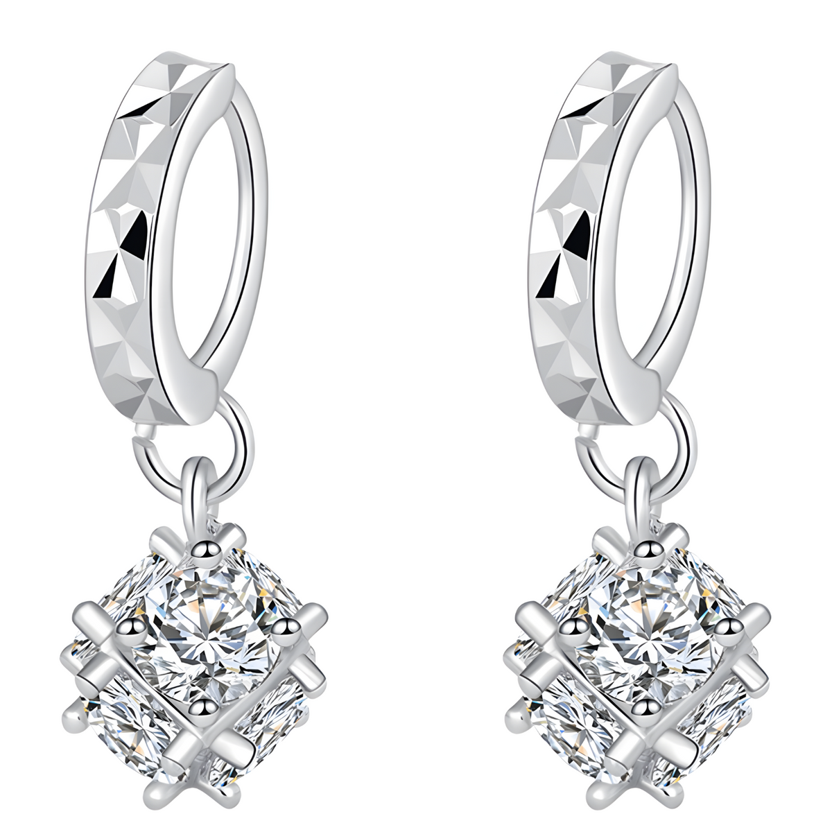925 Silver Hoop Earrings for Women Geometric Cube Drop Design Cubic Zirconia 915