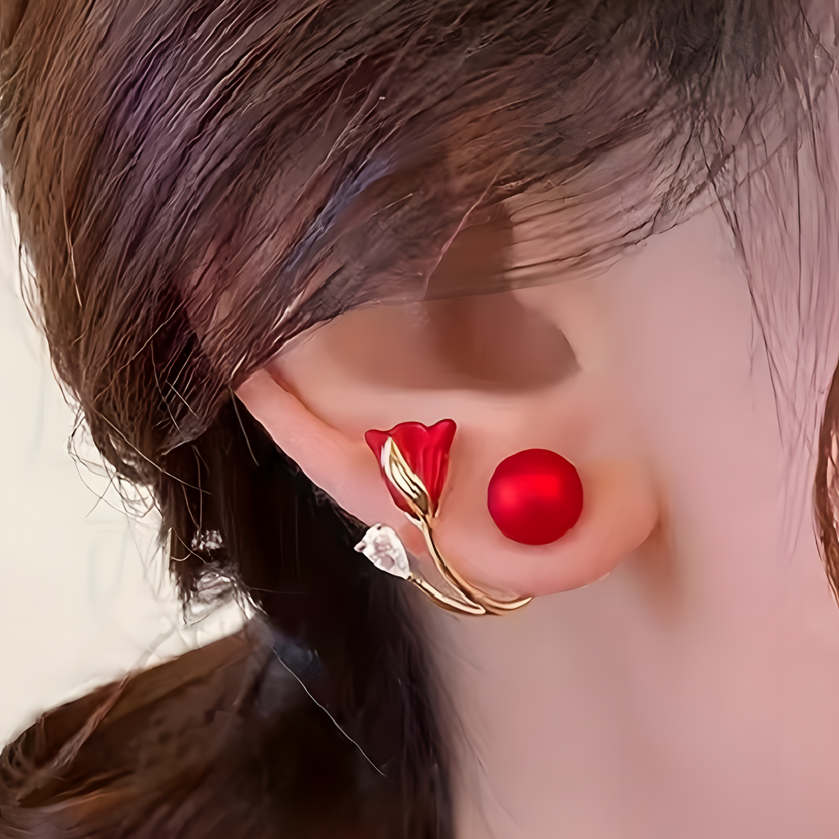 Red Rose Flower Stud Earrings for Women – Gold-Tone Crystal Plant Design 817