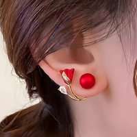 Red Rose Flower Stud Earrings for Women – Gold-Tone Crystal Plant Design 817