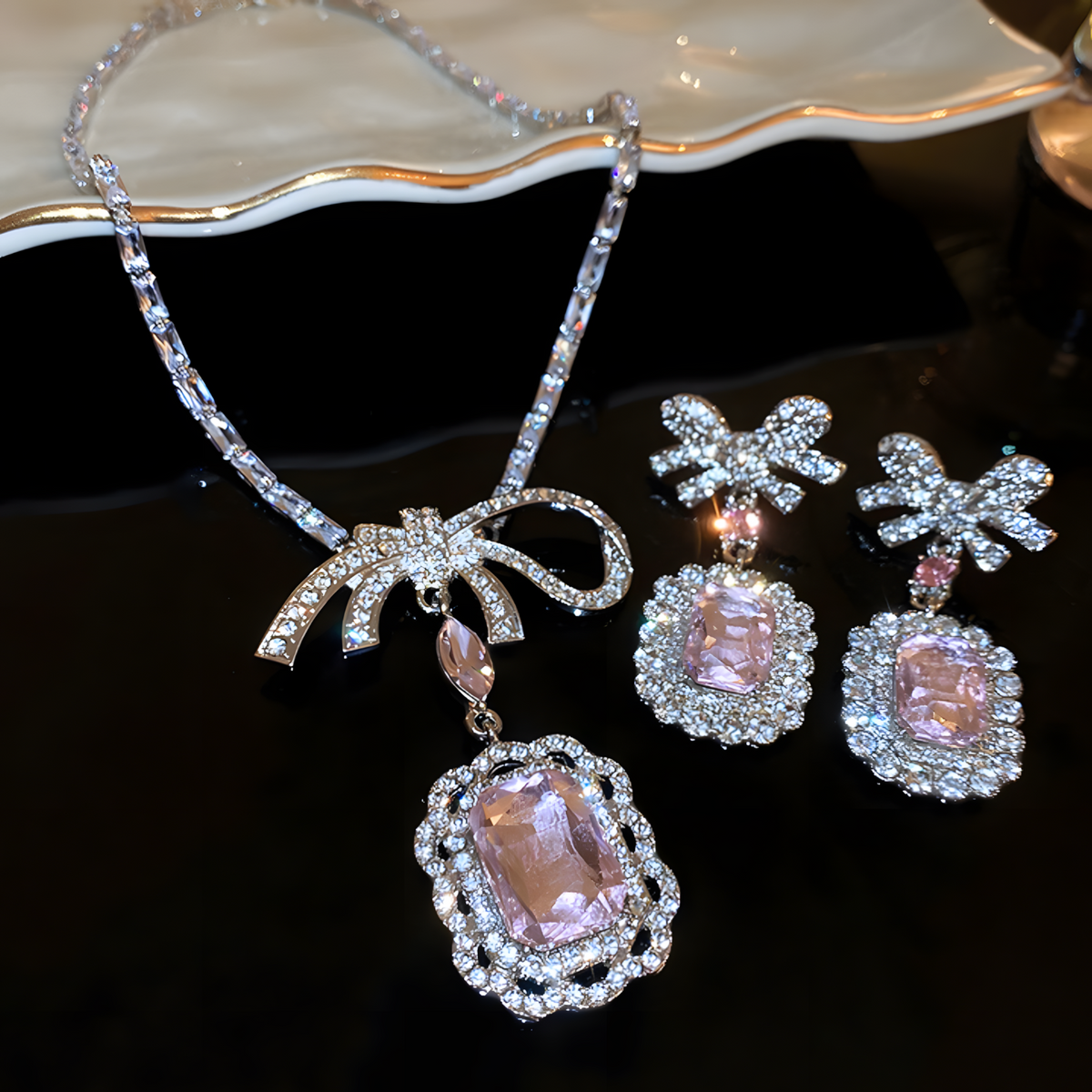 Pink Crystal Bow Pendant Necklace and Drop Earrings Set for Women Square 1392
