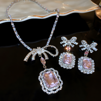 Pink Crystal Bow Pendant Necklace and Drop Earrings Set for Women Square 1392