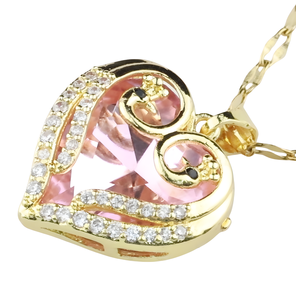18K Gold Inlaid Pink Crystal Heart Pendant Necklace Cubic Zirconia Micro 1310