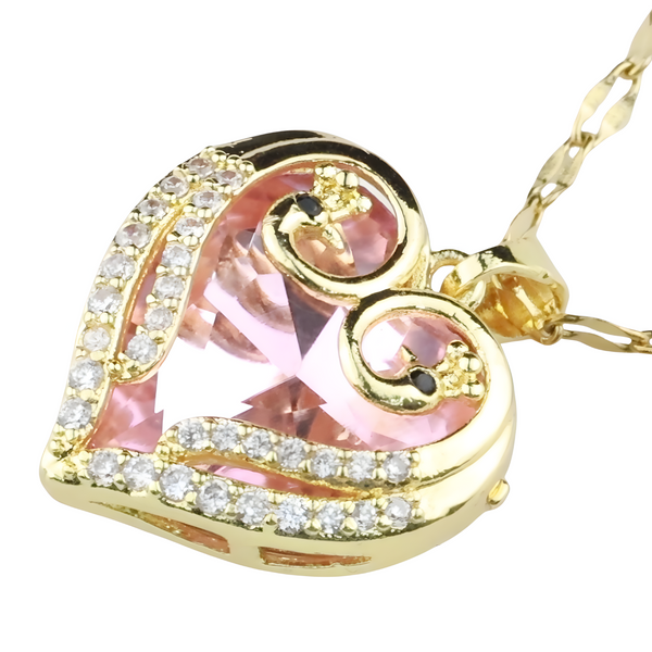 18K Gold Inlaid Pink Crystal Heart Pendant Necklace Cubic Zirconia Micro 1310