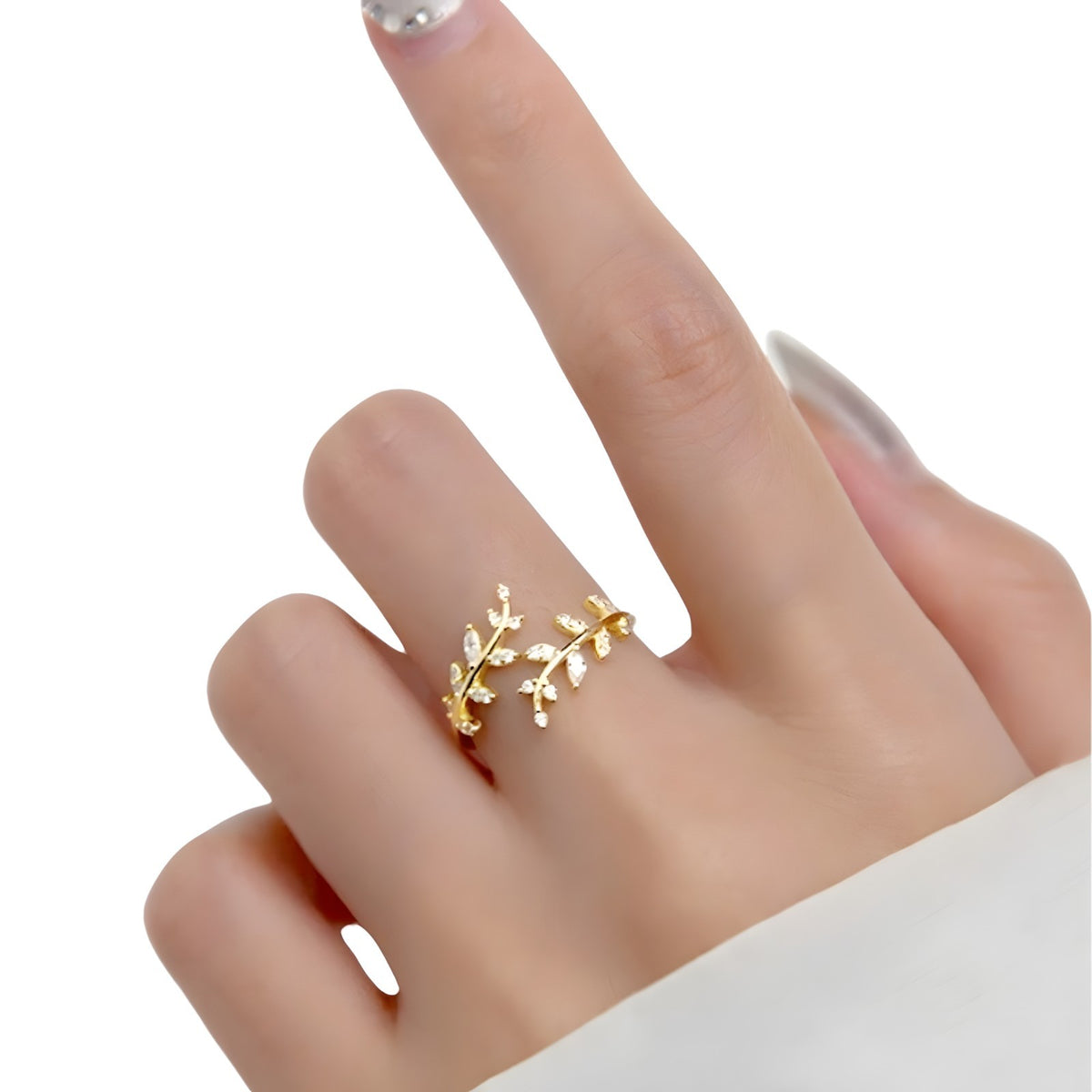 Sterling Silver Leaf Ring(Adjustable)Open Leaf Branch Ring with Cubic Zircon 392