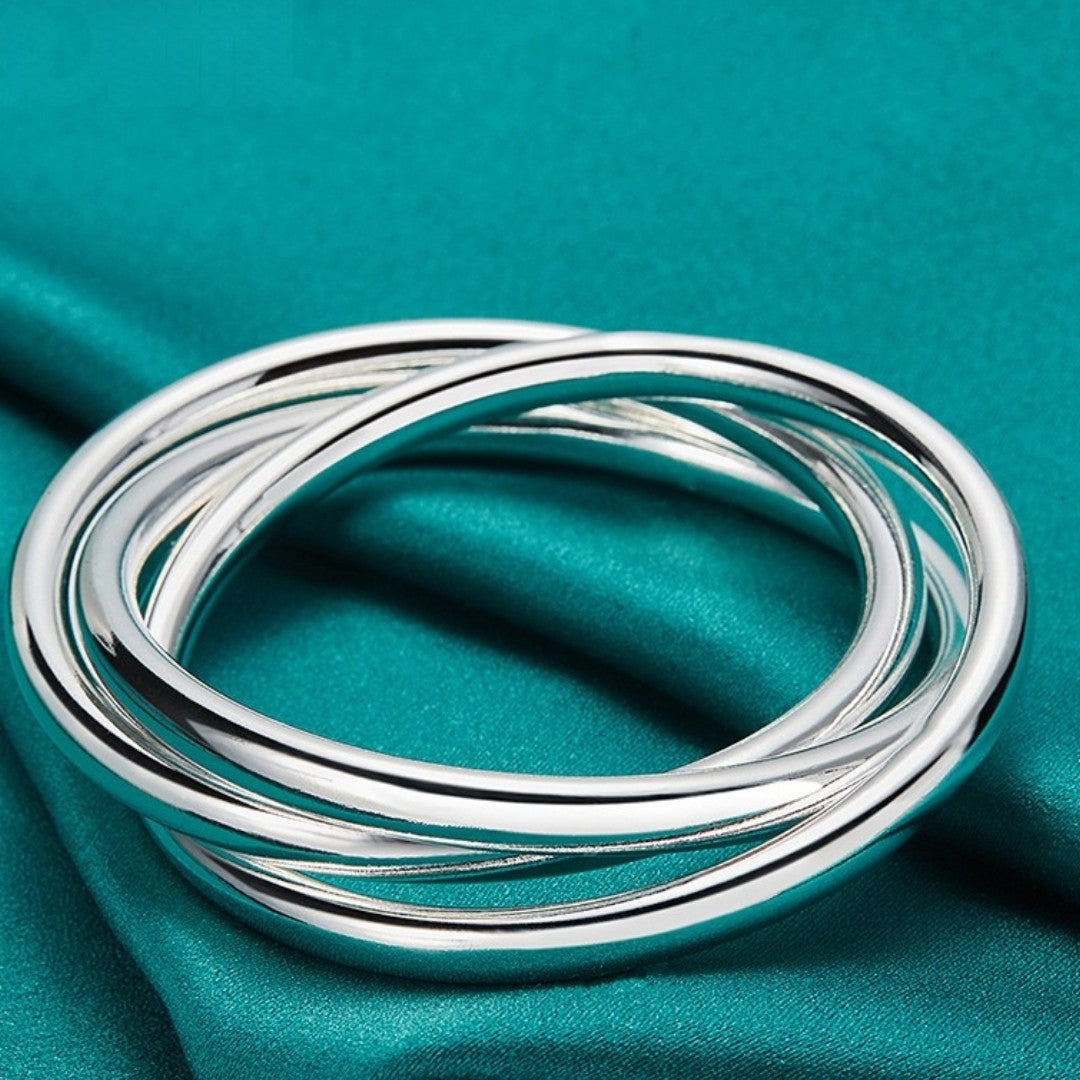 925 Sterling Silver Interlocking Trio Circle Bangle Bracelet- Linked Rings 396