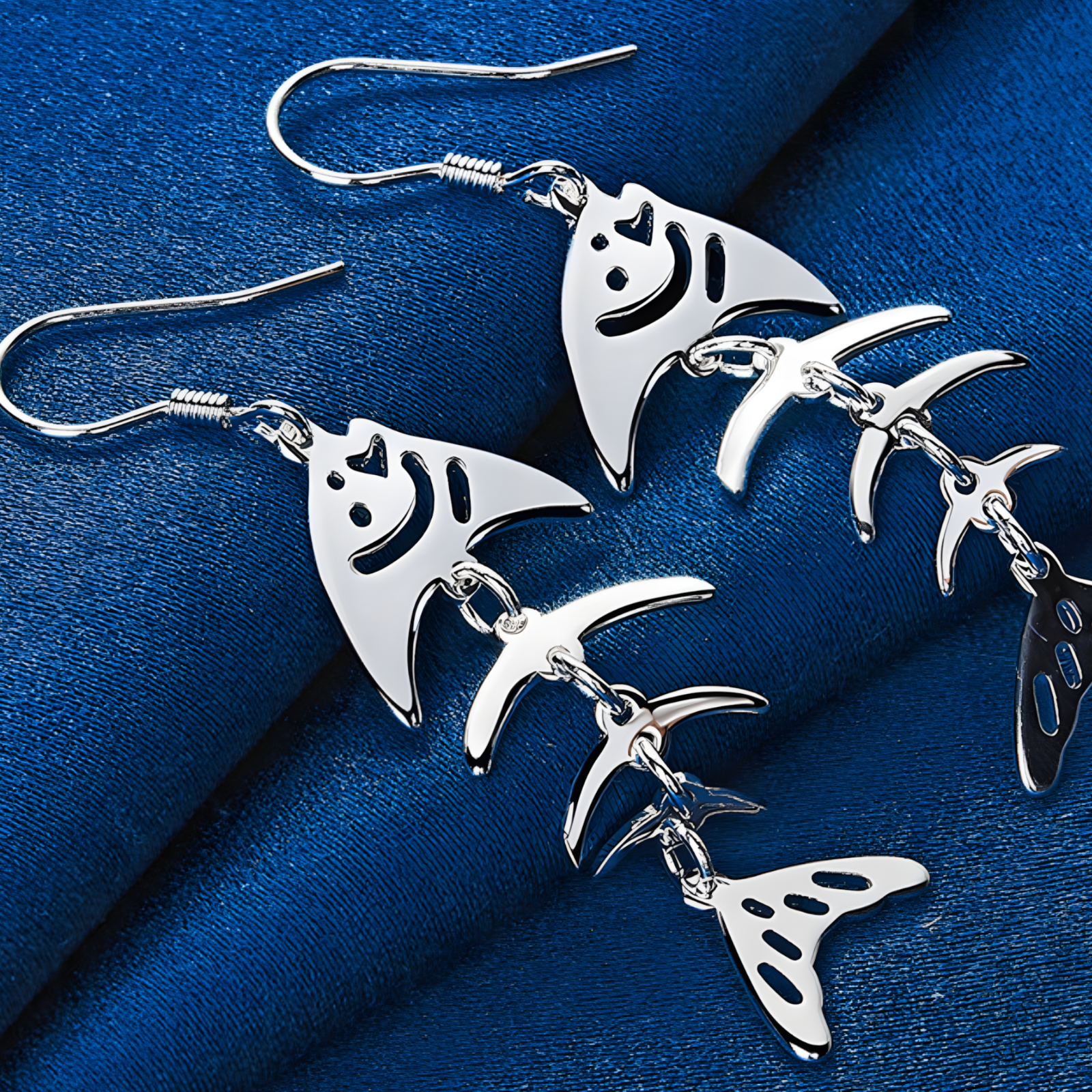 Sterling Silver Fish Skeleton Dangle Earrings - Unique Smiling Fish Jewelry B42