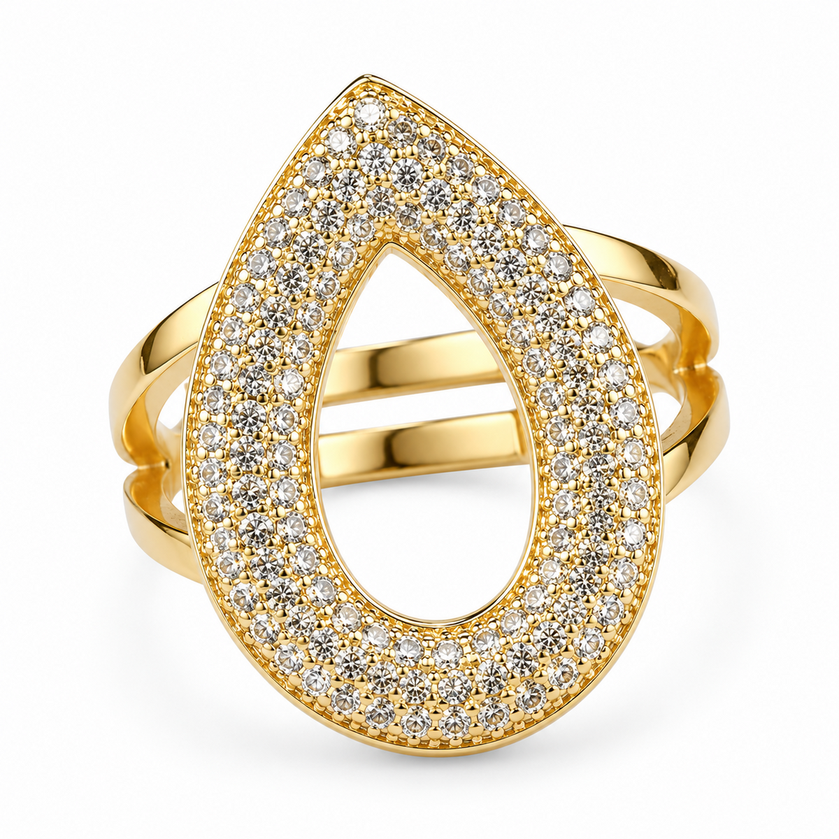 Luxury Teardrop Statement Ring For Women, Gold Tone Open Band Ring, Pavé 1503