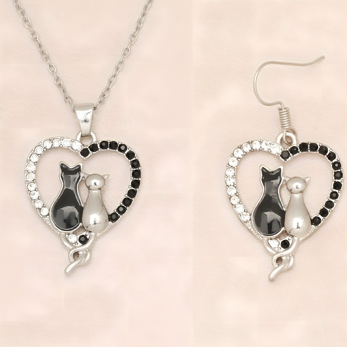 Black & White Cat Heart Dangle Earrings for Women –Zinc Alloy Silver Colour 1169