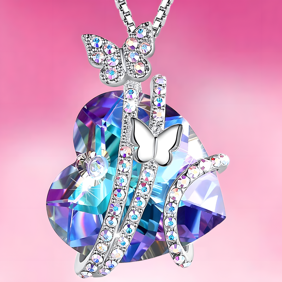 Butterfly Heart Necklace for Women Zinc Alloy Silver Colour Pavé Butterfly 1175