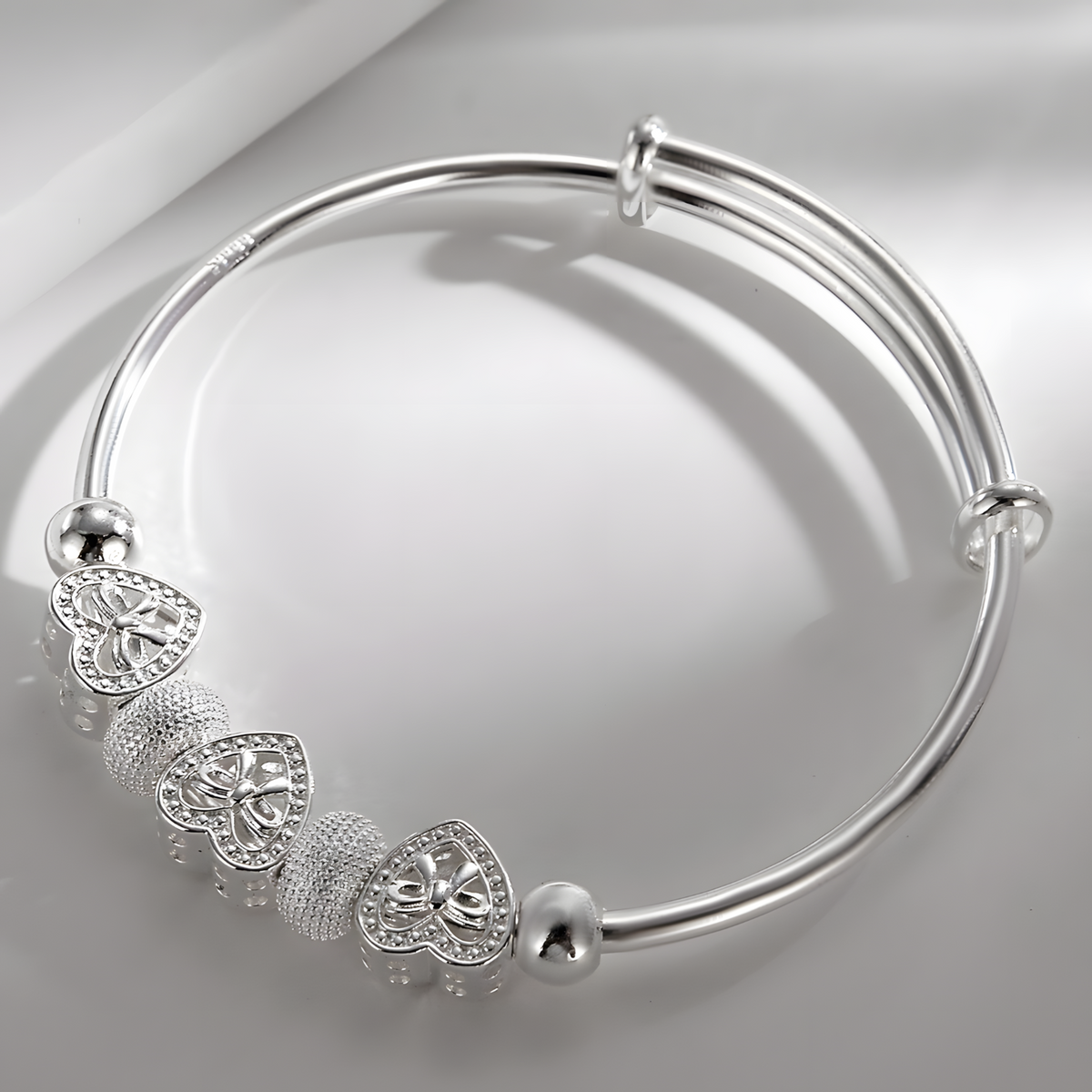 Heart Bow Charm Bangle for Women - Adjustable Polished Bracelet Three Heart 1816