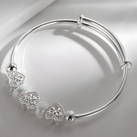 Heart Bow Charm Bangle for Women - Adjustable Polished Bracelet Three Heart 1816