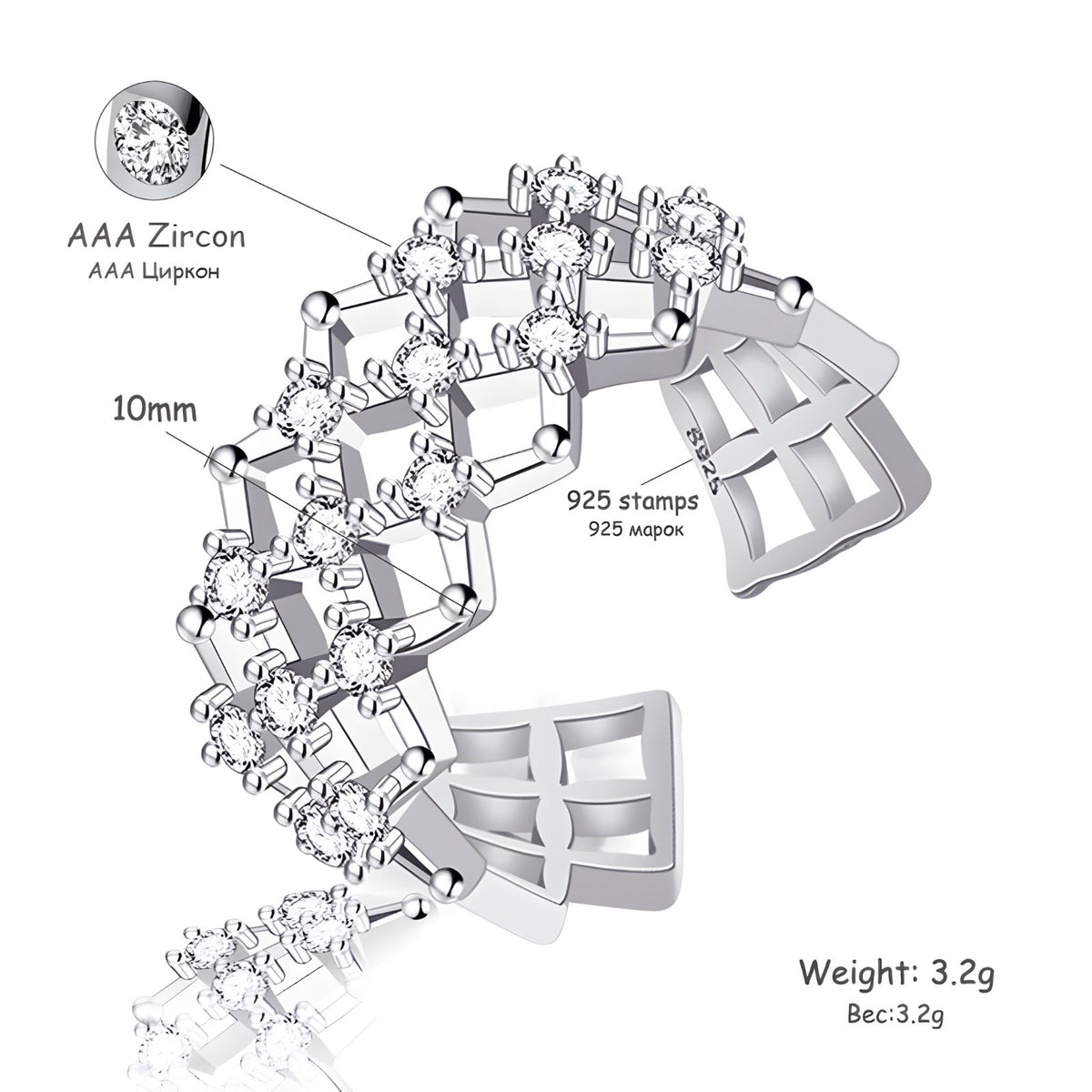 925 Sterling Silver Adjustable Geometric Ring with AAA Cubic Zirconia 382