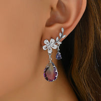 Statement Drop Earrings for Women Silver Plated, Purple & Clear CZ Crystals 294