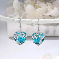 Heart-Shaped Tree of Life Drop Earrings with Blue Crystal Sterling Silver 743