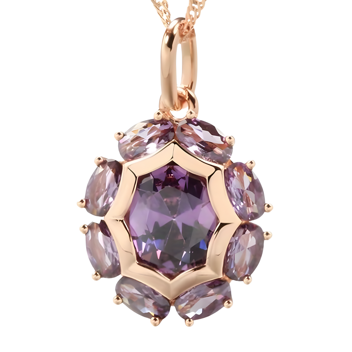 Women's Oval Purple Zircon Pendant Necklace 585 Rose Gold Color Chain Copper 589