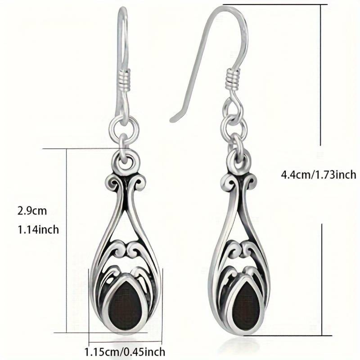 925 Sterling Silver Vintage Teardrop Filigree Dangle Earring with Black Onyx 153