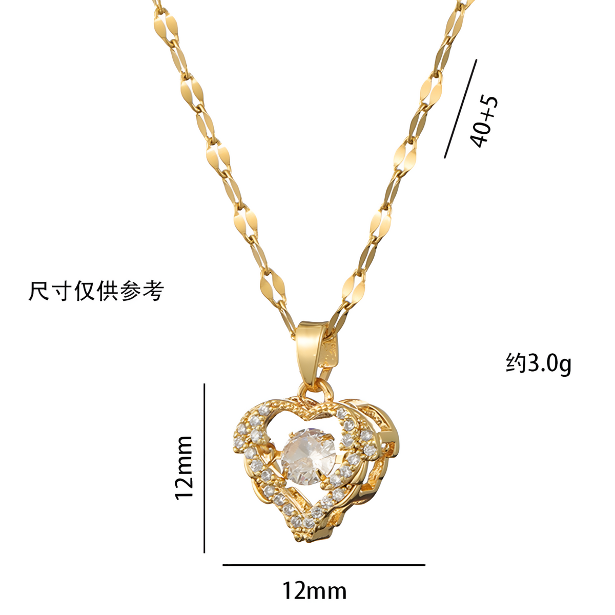 Gold Tone Stainless Steel Heart Pendant Necklace Women Sparkling Clear Stone B49