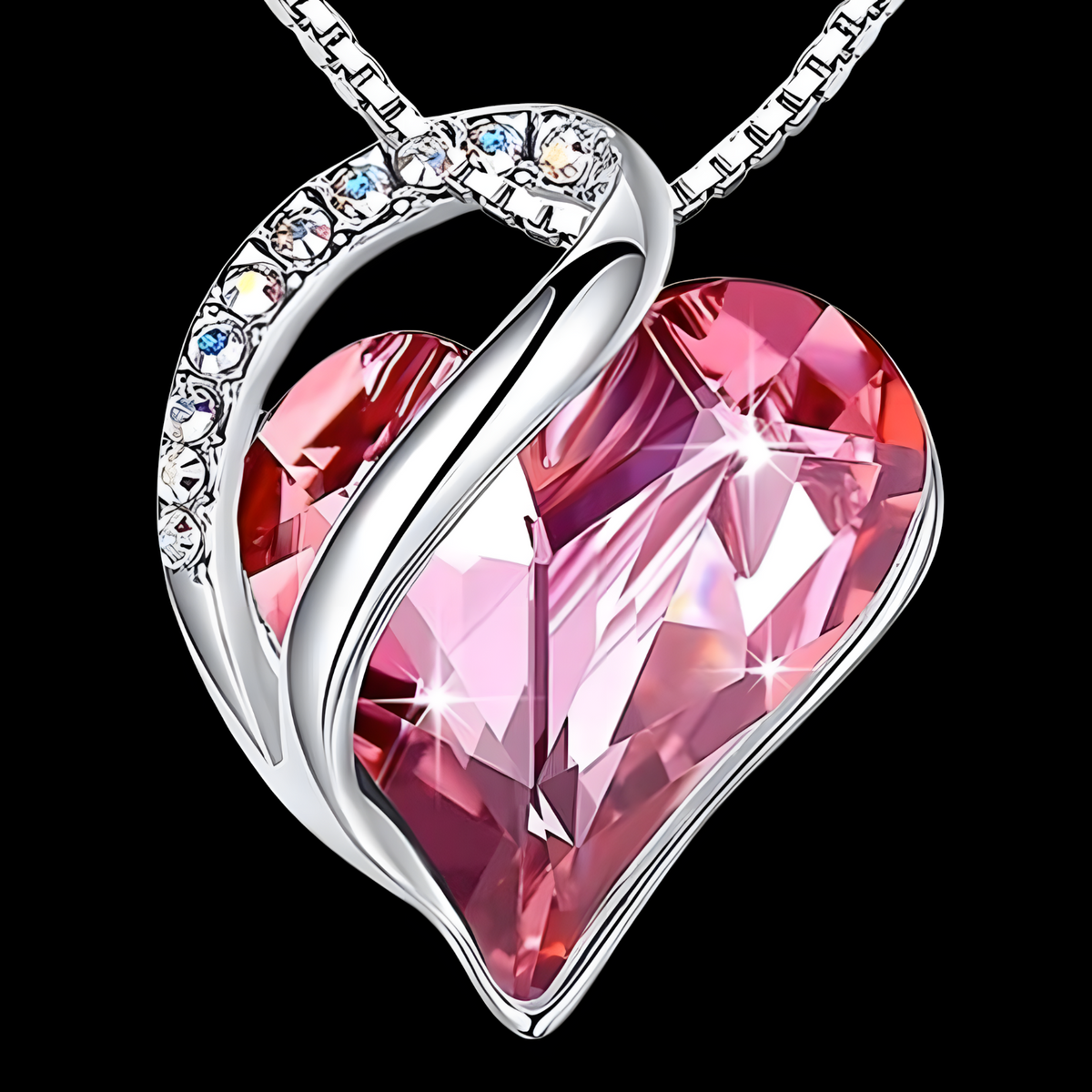 Pink Simulated Crystal Heart Pendant Necklace Silver Finish Alloy Link  B325