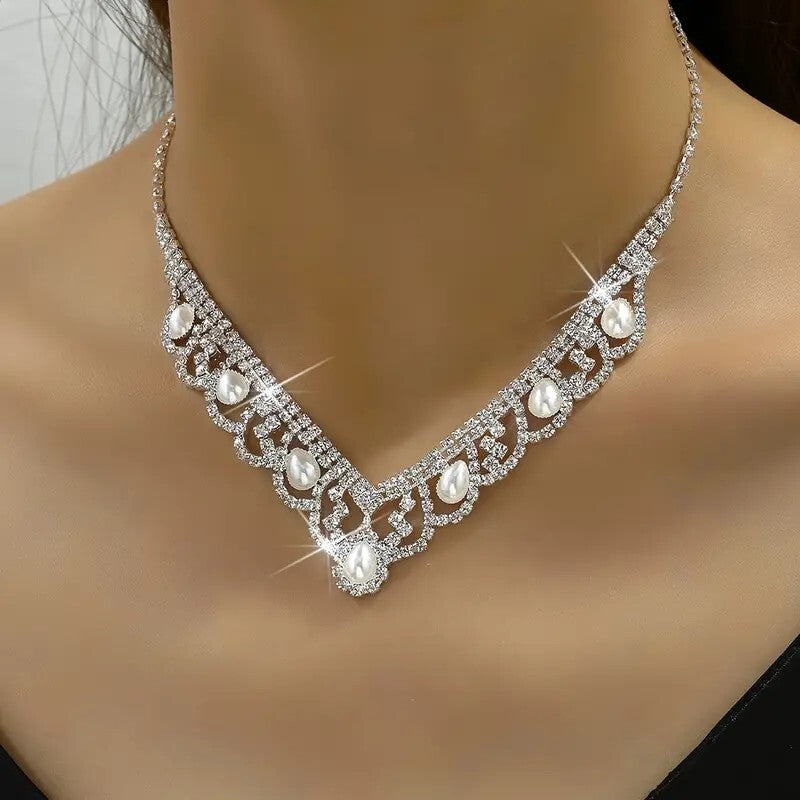 Stylish Glitter Rhinestones Imitation Pearl Wedding Statement Necklace 100 UK