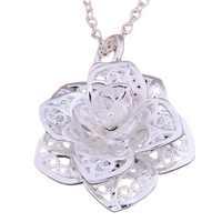 925 Sterling Silver Delicate Rose Flower Pendant Necklace Elegant Openwork 451
