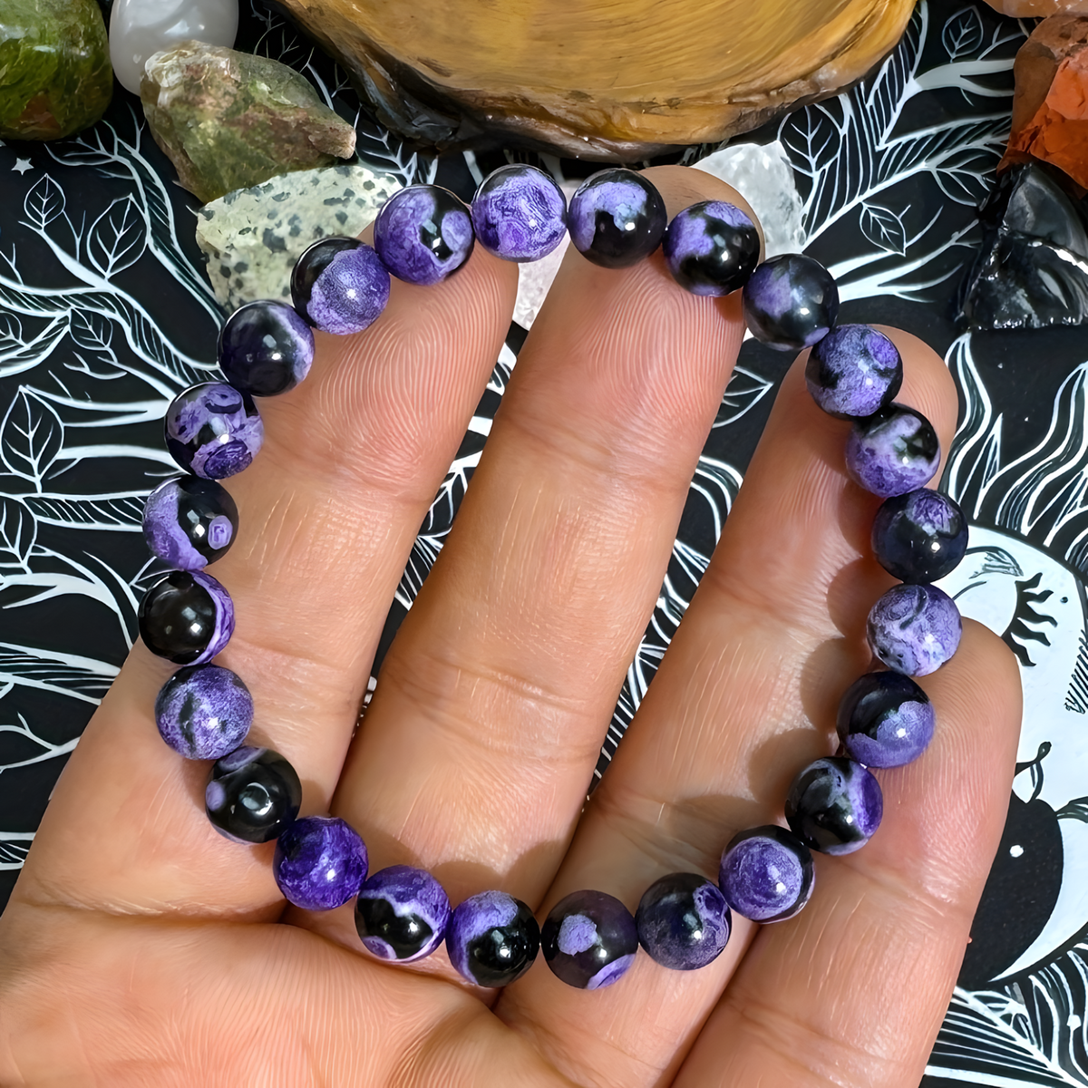 Anxiety Beaded Bracelet — Fire Agate Purple Polished Beads, Empathy Calms 1407