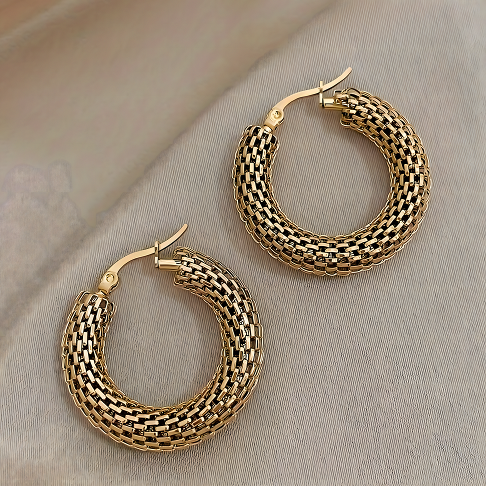 Chunky Huggie Hoop Earrings for Women Gold Color Stainless Steel Mesh Woven 645