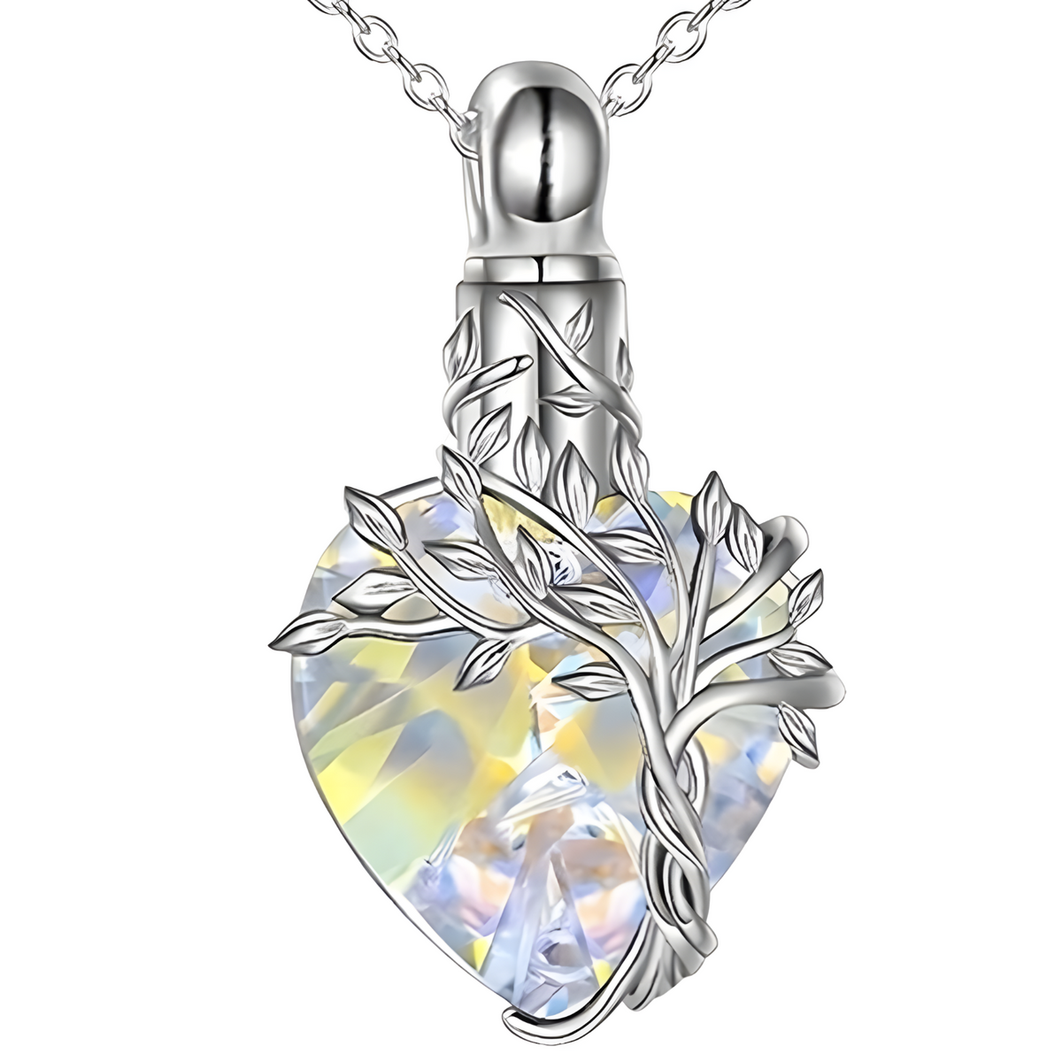 Womens Tree of Life Cremation Necklace Ashes Iridescent Heart-Shaped Crystal B95
