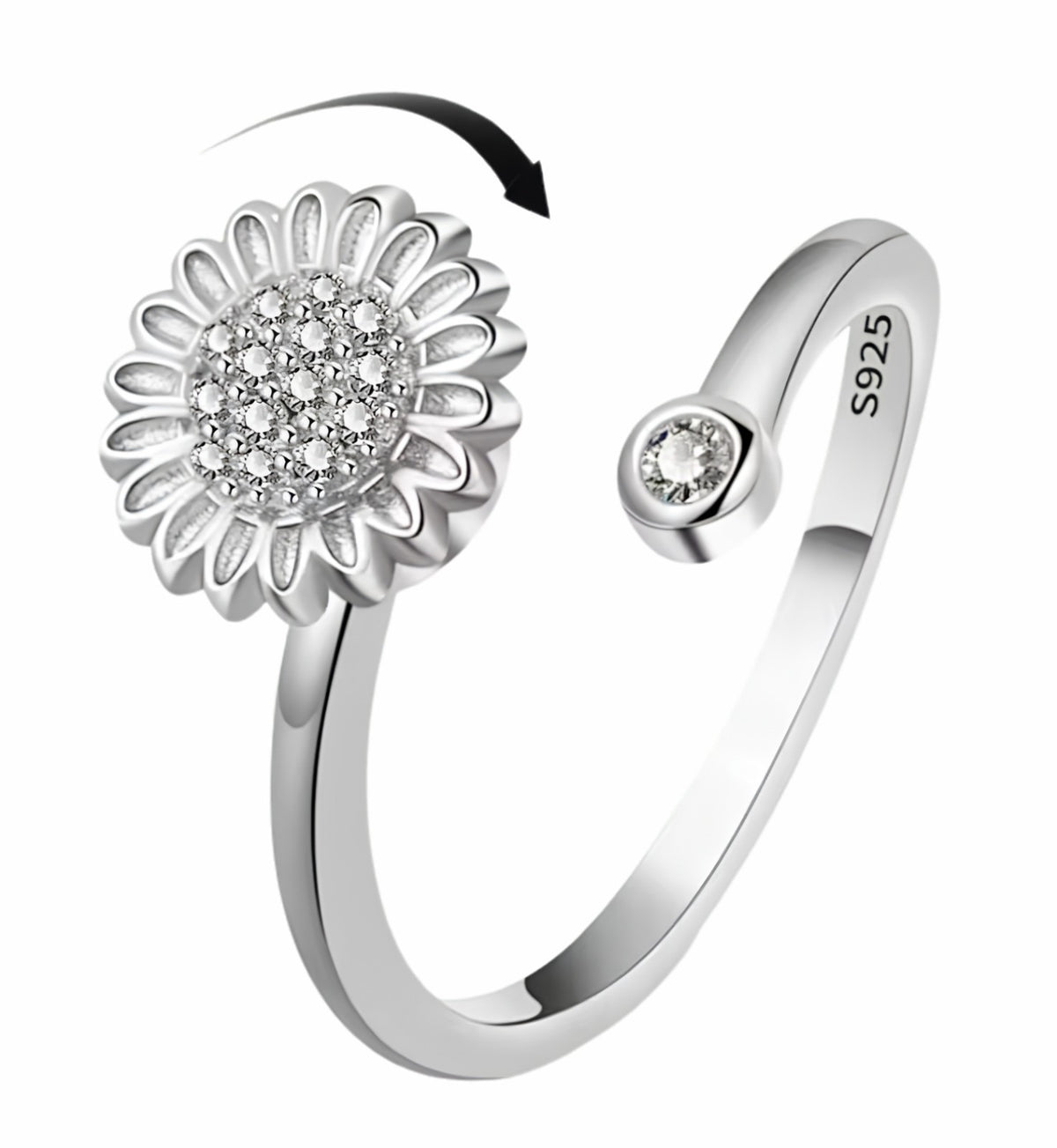 Sunflower Spinner Ring Adjustable Open Ring Silver Tone Floral Statement 1594
