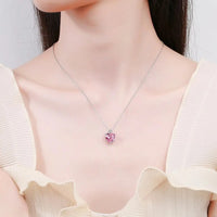 Heart Pendant Necklace For Women Pink Cubic Zirconia Silver Plated 1435