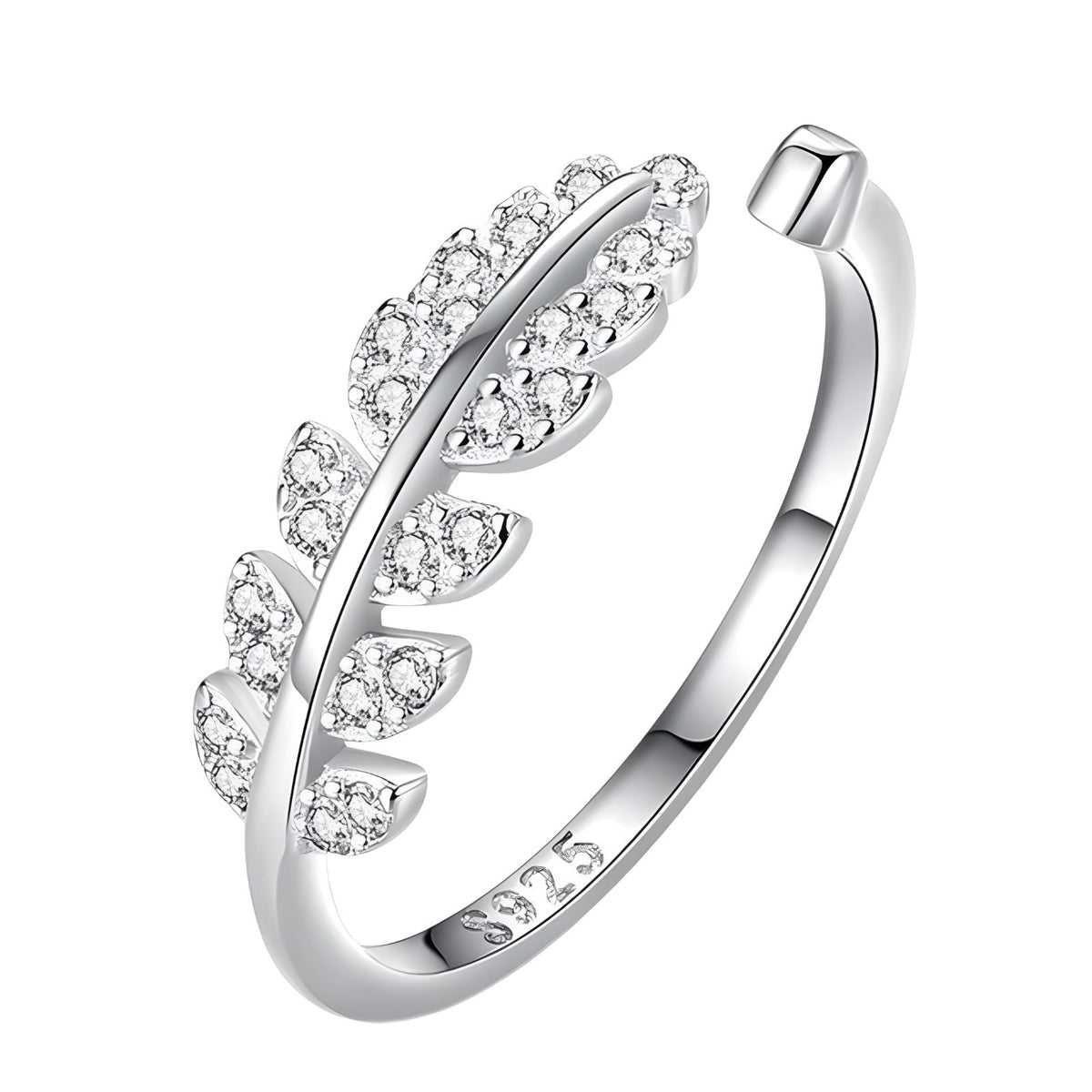 925 Sterling Silver Leaf Ring, Adjustable Open Band CZ Stone Nature Inspired 377