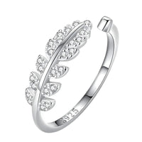 925 Sterling Silver Leaf Ring, Adjustable Open Band CZ Stone Nature Inspired 377