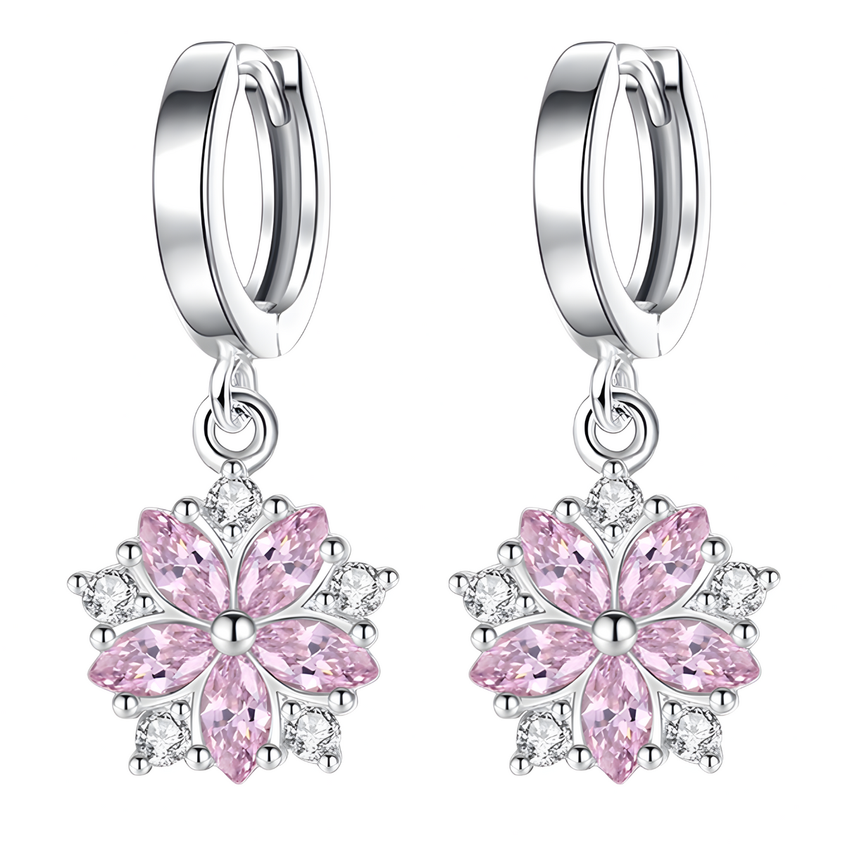 925 Silver-Plated Alloy Pink Petal Zircon Crystal Flower Earrings for Women 1047