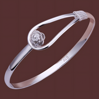 925 Silver-Plated Flower Bangle Women Elegant Plant Design Bracelet, Copper 904