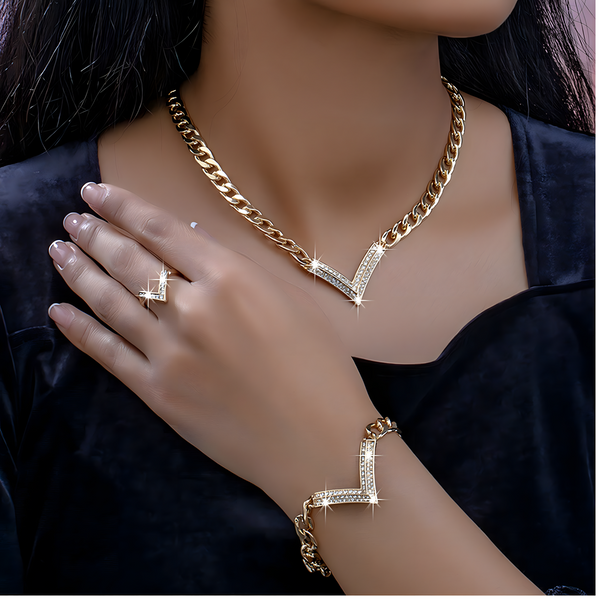 3 PCS Gold V-Shape Rhinestone Jewelry Set Women Sparkling Necklace, Bracelet 710