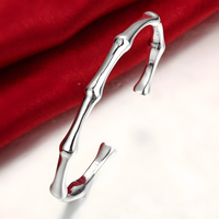 925 Silver Open Cuff Bangle Bracelet Adjustable Bamboo Style for Women 424