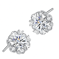925 Silver-Plated Round Crystal Stud Earrings for Women Sparkling CZ Cluster 992