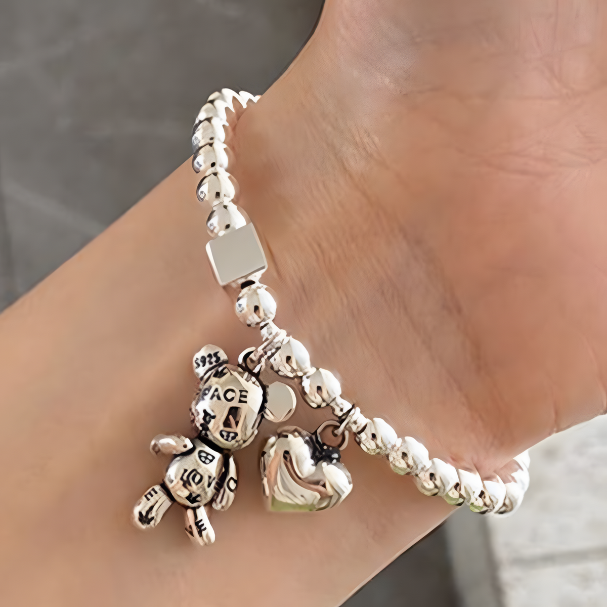 Beaded Charm Bracelet– Copper Alloy, Electroplated Silver, Elastic Stretch 864