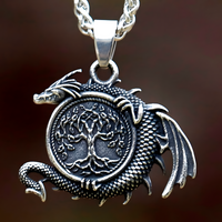 Viking Dragon Tree of Life Pendant Necklace Men– Stainless  Nordic Run 1067