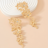 Floral Gold Long Drop Earrings for Women – Elegant 10cm Zinc Alloy Statement 766