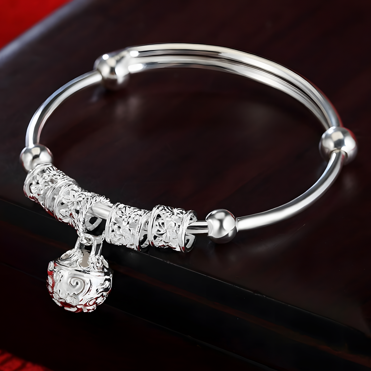 Sterling Silver Filigree Bell Bangle Women 925 Adjustable Open Cuff Bracelet 870