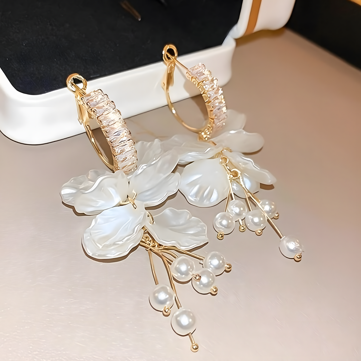 Long Floral Pearl Earrings for Women – Irregular White Petal Leaf Design 793
