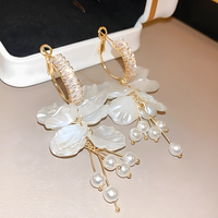 Long Floral Pearl Earrings for Women – Irregular White Petal Leaf Design 793