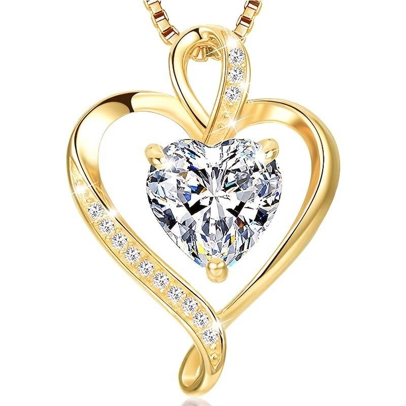 Gold Heart Pendant Necklace with Clear Cubic Zirconia, 18.4-Inch Snake Chain 143