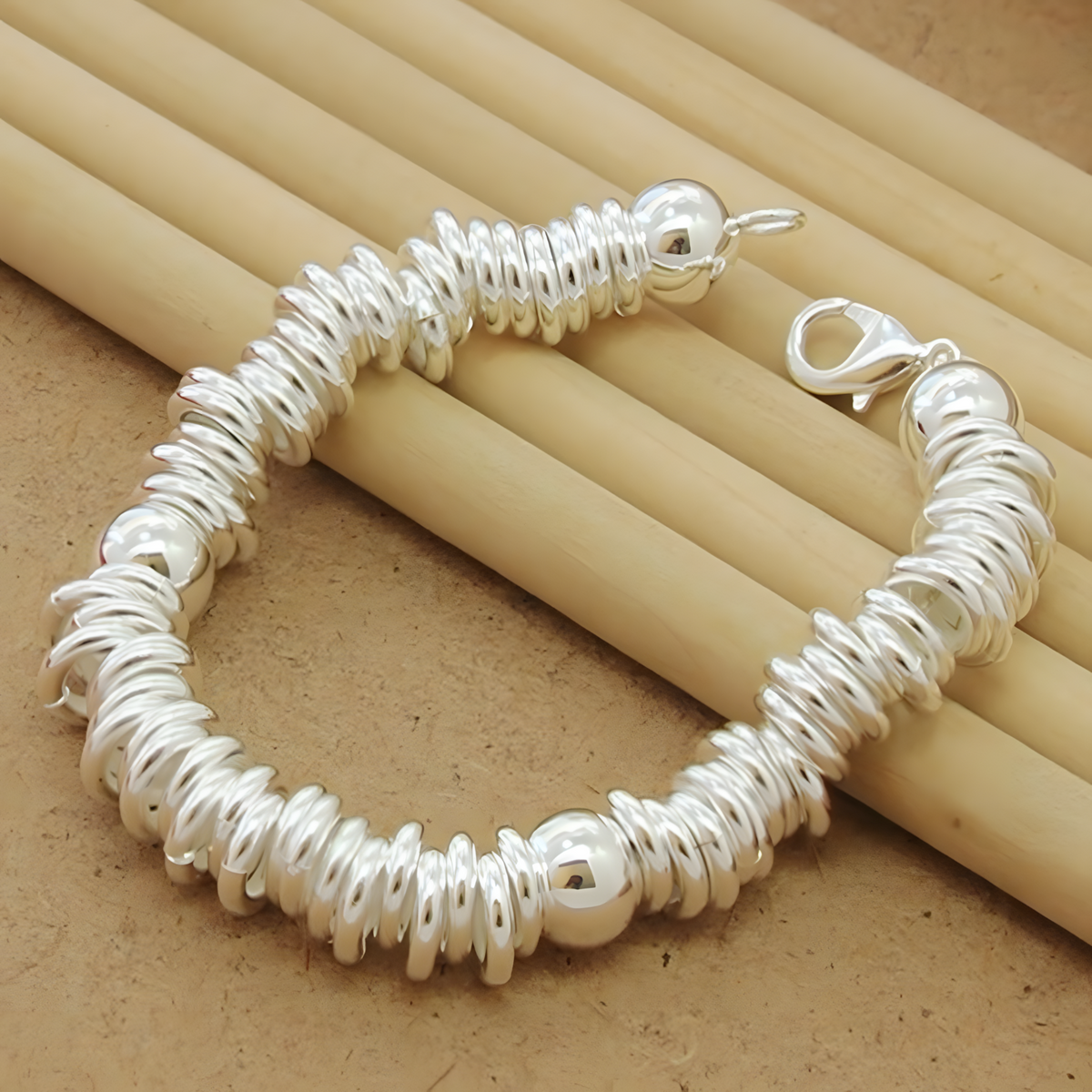 925 Sterling Silver Bell Bead Bracelet, Coiled Disc Strand Bracelet Lobster 1798
