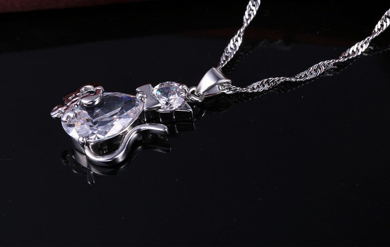 925 Sterling Silver Colour Cat Jewellery Set for Girls Cubic Zircon Necklace 726