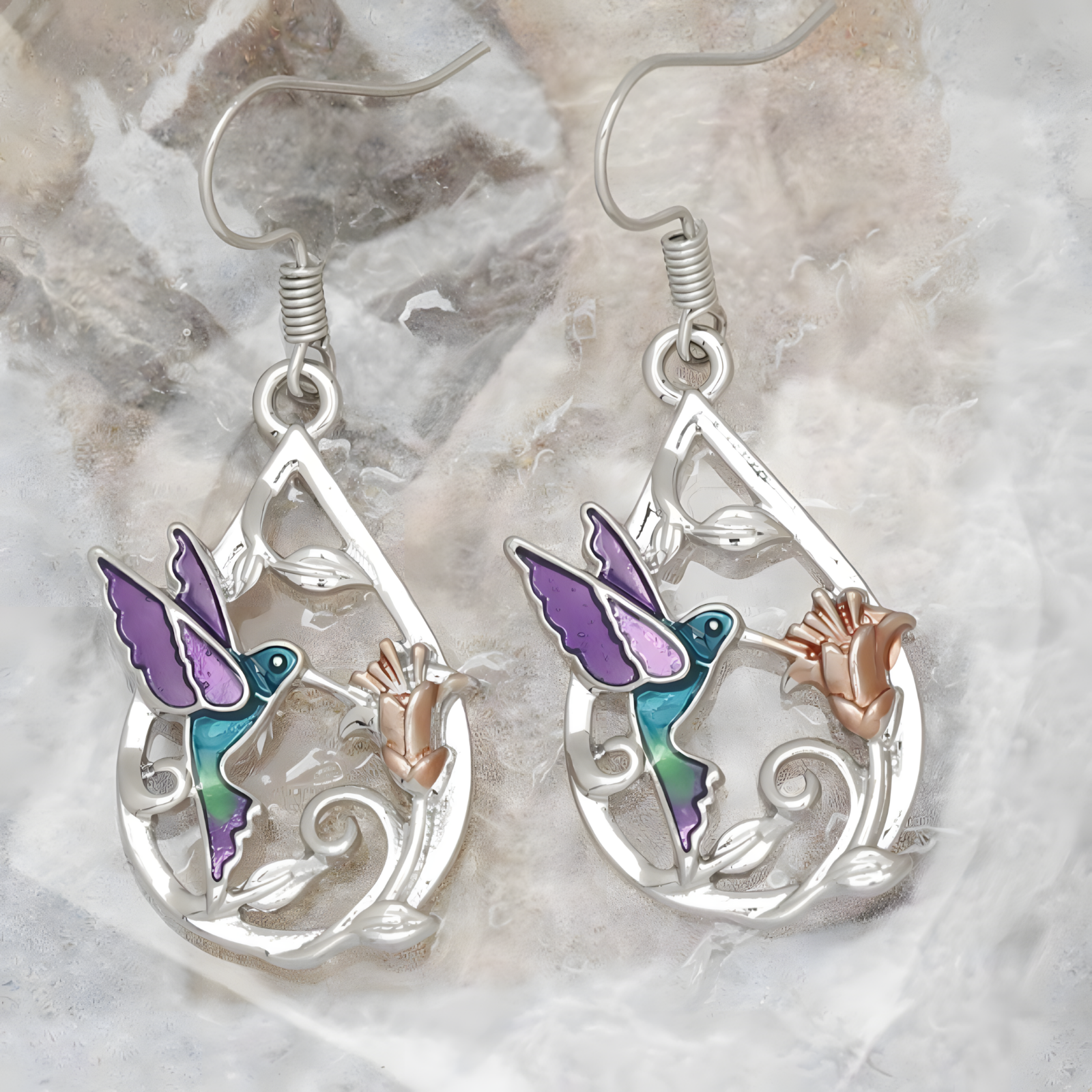 Silver Tone Hummingbird Flower Drop Earrings Vibrant Enamel Dangle Jewellery B10