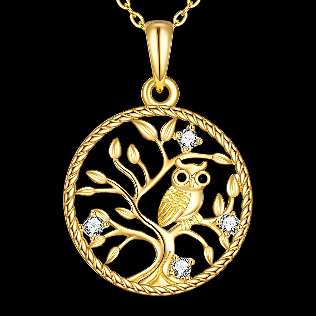 Round Gold Tone Owl Pendant Necklace – Metal Tree Of Life Design Crystal 1076
