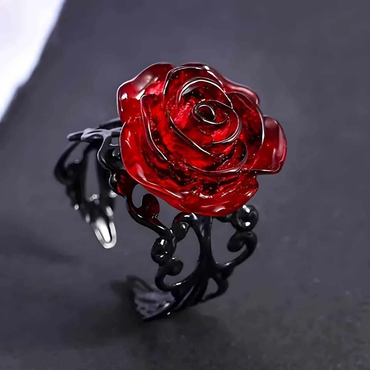 Gothic Red Rose Statement Ring - Ornate Black Vine Filigree Adjustable Band 1490