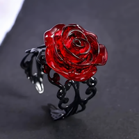 Gothic Red Rose Statement Ring - Ornate Black Vine Filigree Adjustable Band 1490
